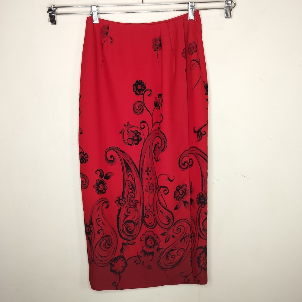 Chaus Red Floral Wrap Maxi Skirt Paisley Straight‎